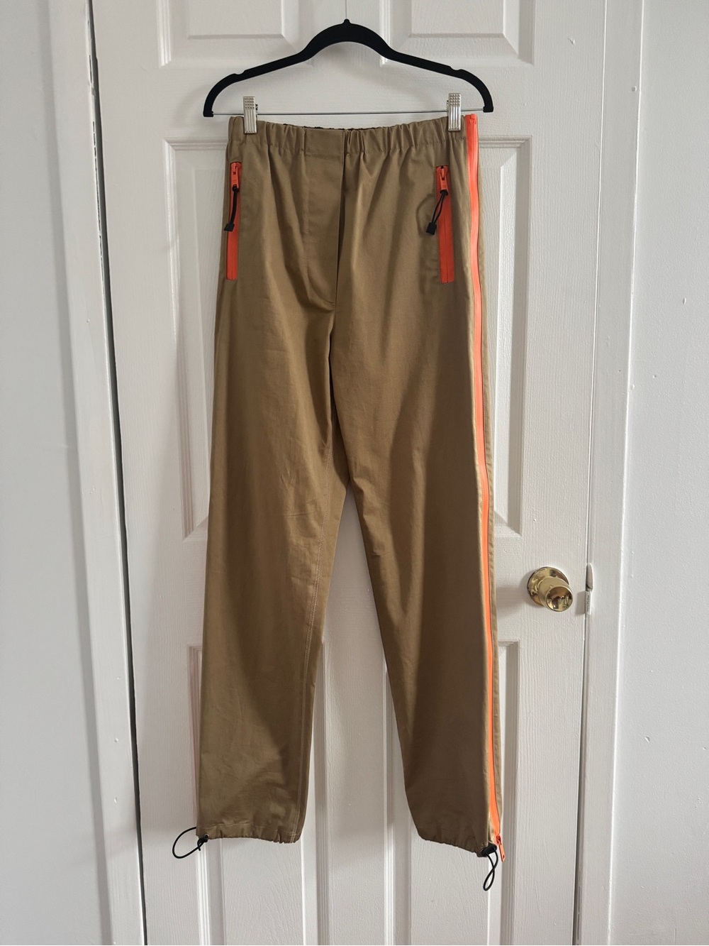 Prada Tan Track Pants with Neon Orange Side Stripe